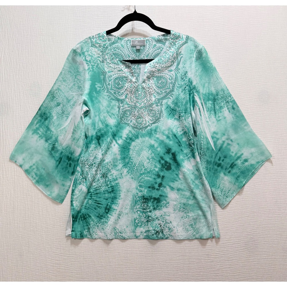 JM Collection Tunic Top Womens M Green Tie Dye Paisley Studded Boho Festival